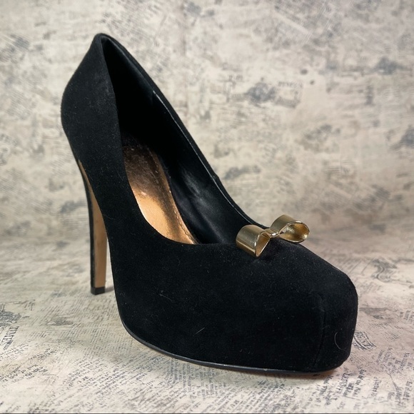 Dolce Vita Black Suede Pumps with Gold Bow Platforms - Picture 2 of 12